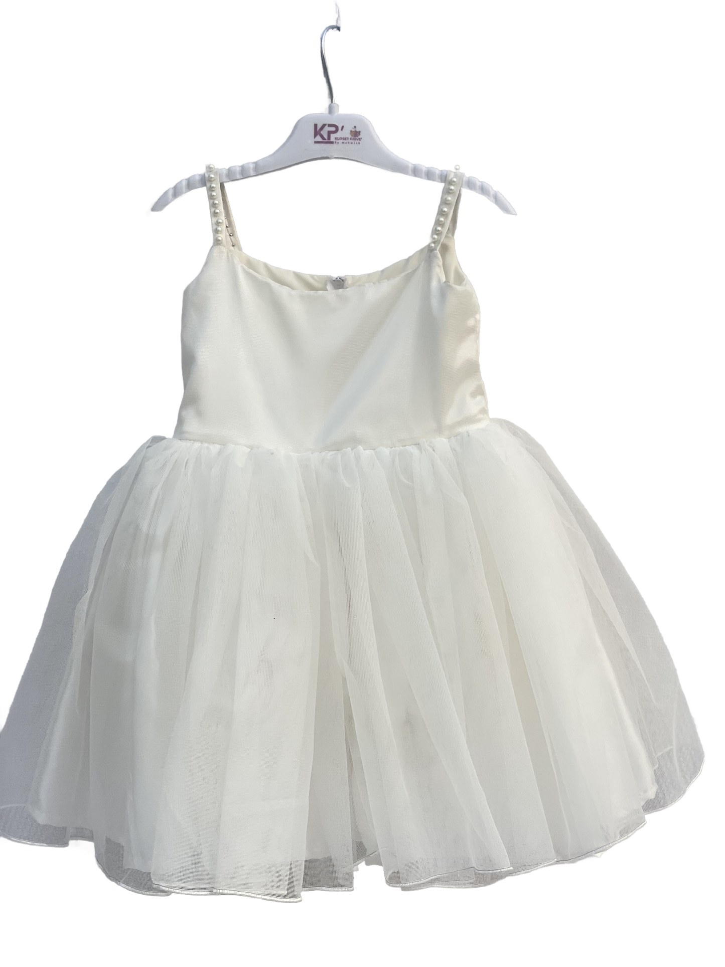 KP's Elegant White Net Frock with Soft Silk & Pearl Embellishments For 1-6 year Girls