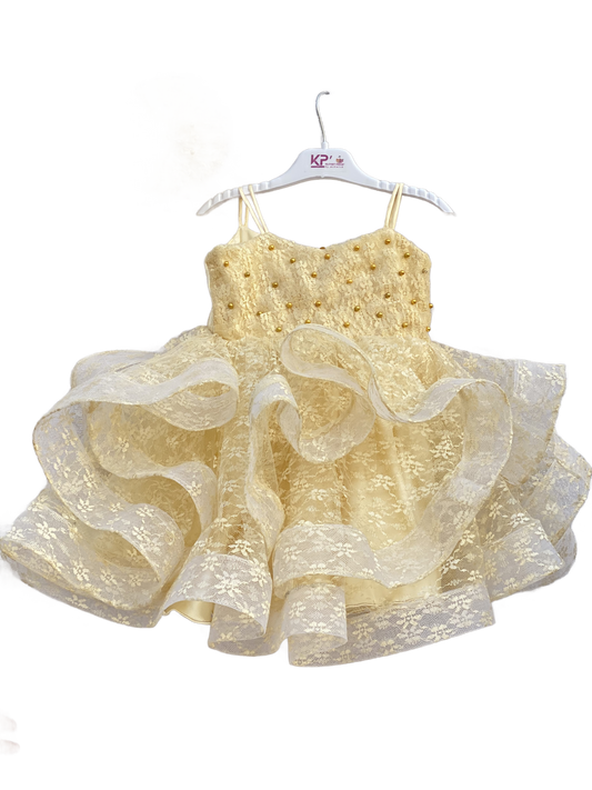 KP's Golden Net Fabric Frock with Pearl & Hair Band for Baby Girl 1-6 Years