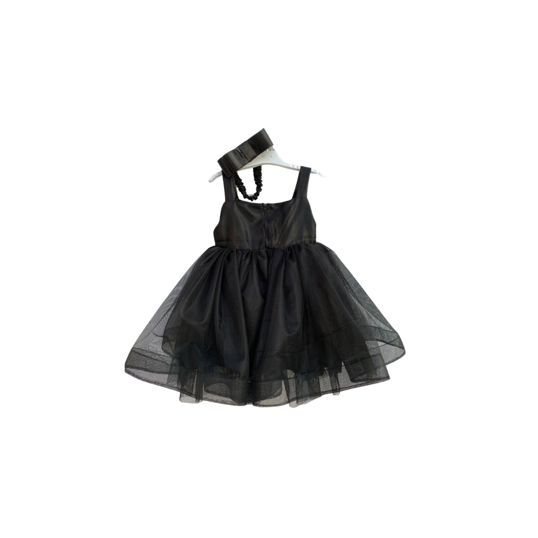 Elegant Black Net Frock with Hair Band - Fancy Tulle Silk Sleeveless Frock for 1-6 year Girls