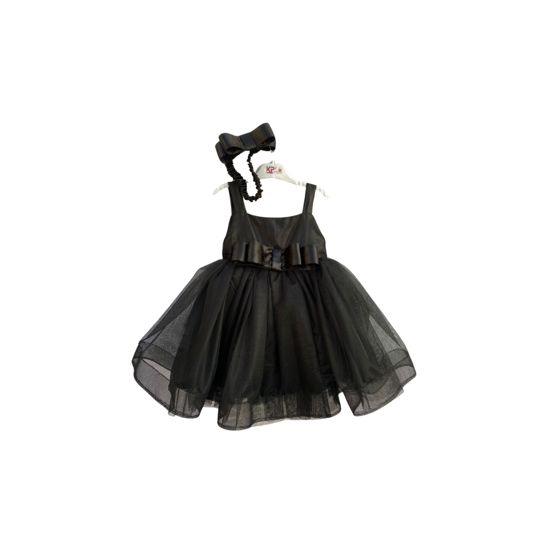 Elegant Black Net Frock with Hair Band - Fancy Tulle Silk Sleeveless Frock for 1-6 year Girls