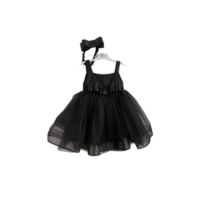 Elegant Black Net Frock with Hair Band - Fancy Tulle Silk Sleeveless Frock for 1-6 year Girls